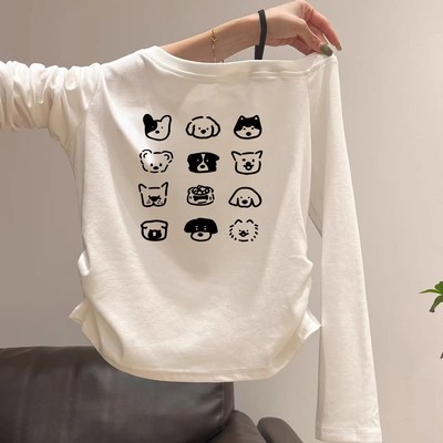 女童一字肩白色斜肩长袖T恤