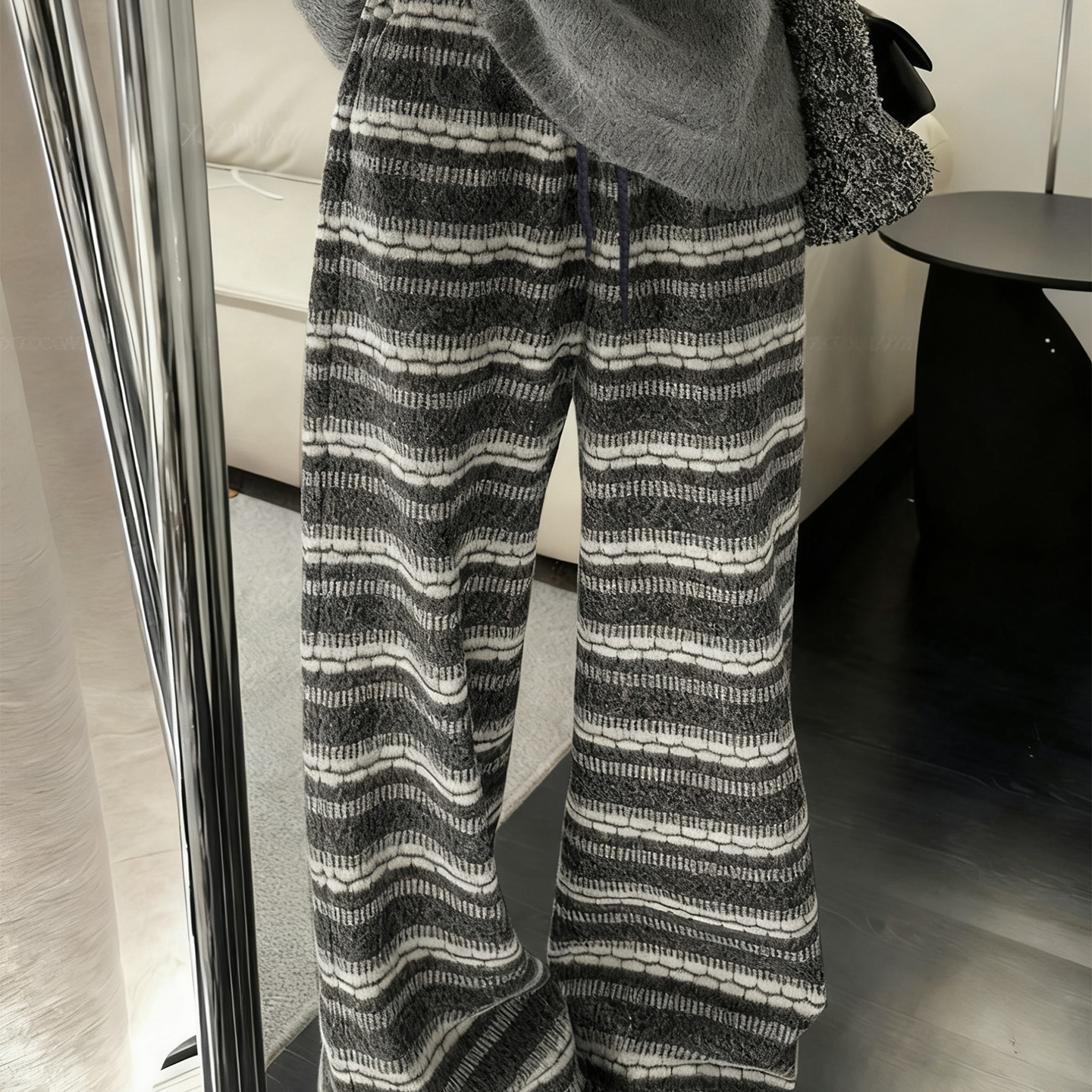 女童秋冬加绒针织阔腿条纹裤