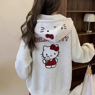 女童可爱猫咪刺绣连帽彩棉卫衣不起球不掉色超好看拉链加绒外套