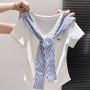 女童白色假两件海军领短袖t恤夏正肩褶皱收腰短款别致绝美小上衣