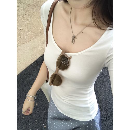 莱赛尔天丝短袖t恤女正肩U领上衣