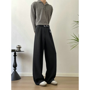 休闲裤男秋分褶A字阔腿垂感小西裤美式高街弹力微喇叭裤大码显瘦