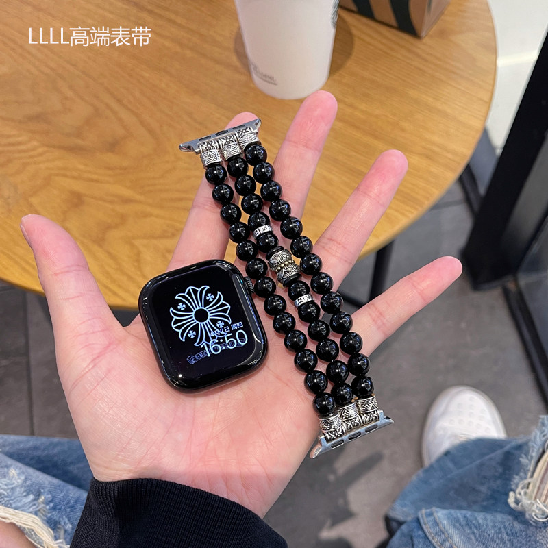 适用苹果手表S11表带iwatchS10表带男女Applewatch表带黑耀石串珠