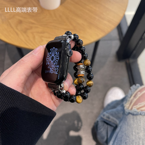 适用苹果手表S11黑虎石手串表带