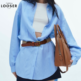 iamLOOSER夏季系列慵懒度假风情天蓝色刺绣亚麻长衬衫透气百搭