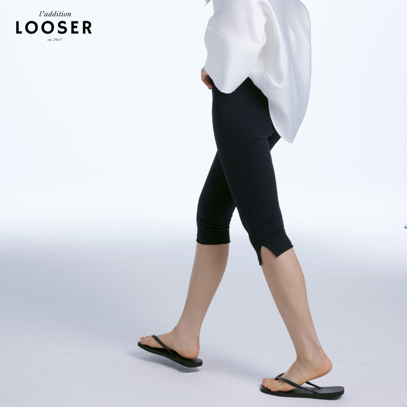 iamLOOSER 夏季系列 流感高弹中缝开衩卡普里裤黑色五分裤