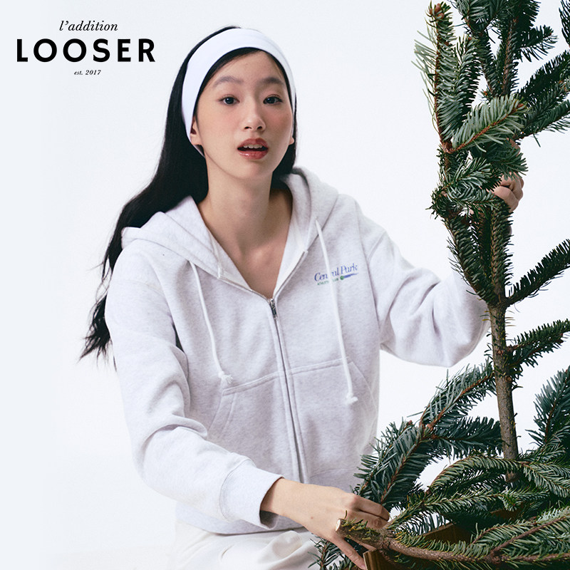 iamLOOSER 冬季系列 浅花灰短款加绒拉链连帽印花卫衣开衫外套