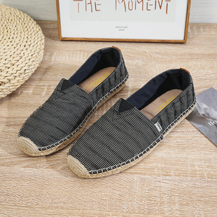 2025新款草编麻底渔夫鞋男夏季透气平底懒人一脚蹬休闲玛丽布鞋潮