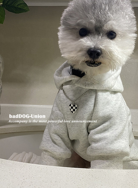 秋冬新款宠物潮牌加绒卫衣雪纳瑞泰迪比熊灰白色复古帽衫猫咪衣服