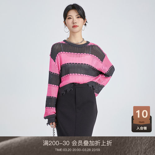 LOU&ZING日系慵懒复古镂空针织衫上衣女独特别致条纹撞色毛衣外套