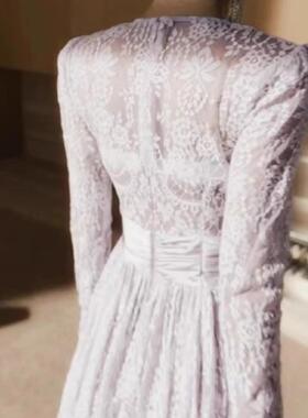 赵丽颖同款2025春夏款S紫色气质收腰不规则P圆领长袖蕾丝连衣裙女