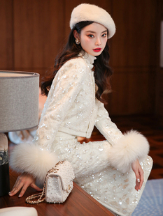 收藏级小香风外套+半裙两件套 贵气千金重工叠绣人鱼珠片羊毛套装