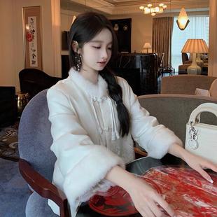 新中式国风盘扣上衣棉衣女毛毛拼接高级感气质名媛小香风白色棉服