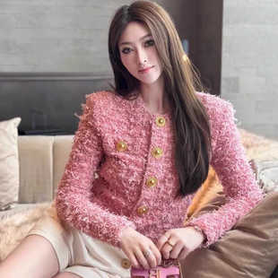 王心凌方媛明星同款粉色小香风粗花呢外套女春季气质名媛短款上衣