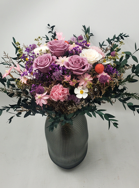 进口紫色永生玫瑰花干花花束康乃馨满天星客厅装饰天然真花摆件