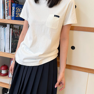 26春夏新款 休闲百搭胸口字母贴袋做旧洗水工艺圆领白色纯棉T恤女
