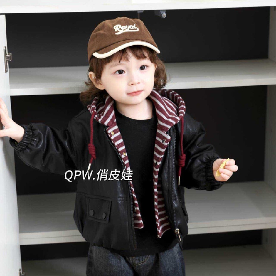 男童加绒皮衣2025冬装新款韩版宽松连帽加厚外套小宝宝PU潮酷女孩