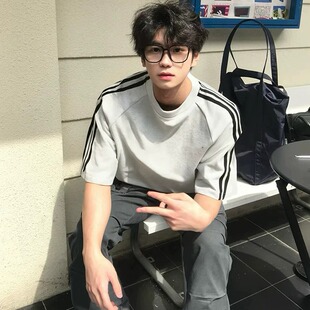 夏季宽松纯棉美式高街潮牌三条杠中性风短袖T恤撞色拼接正肩半袖