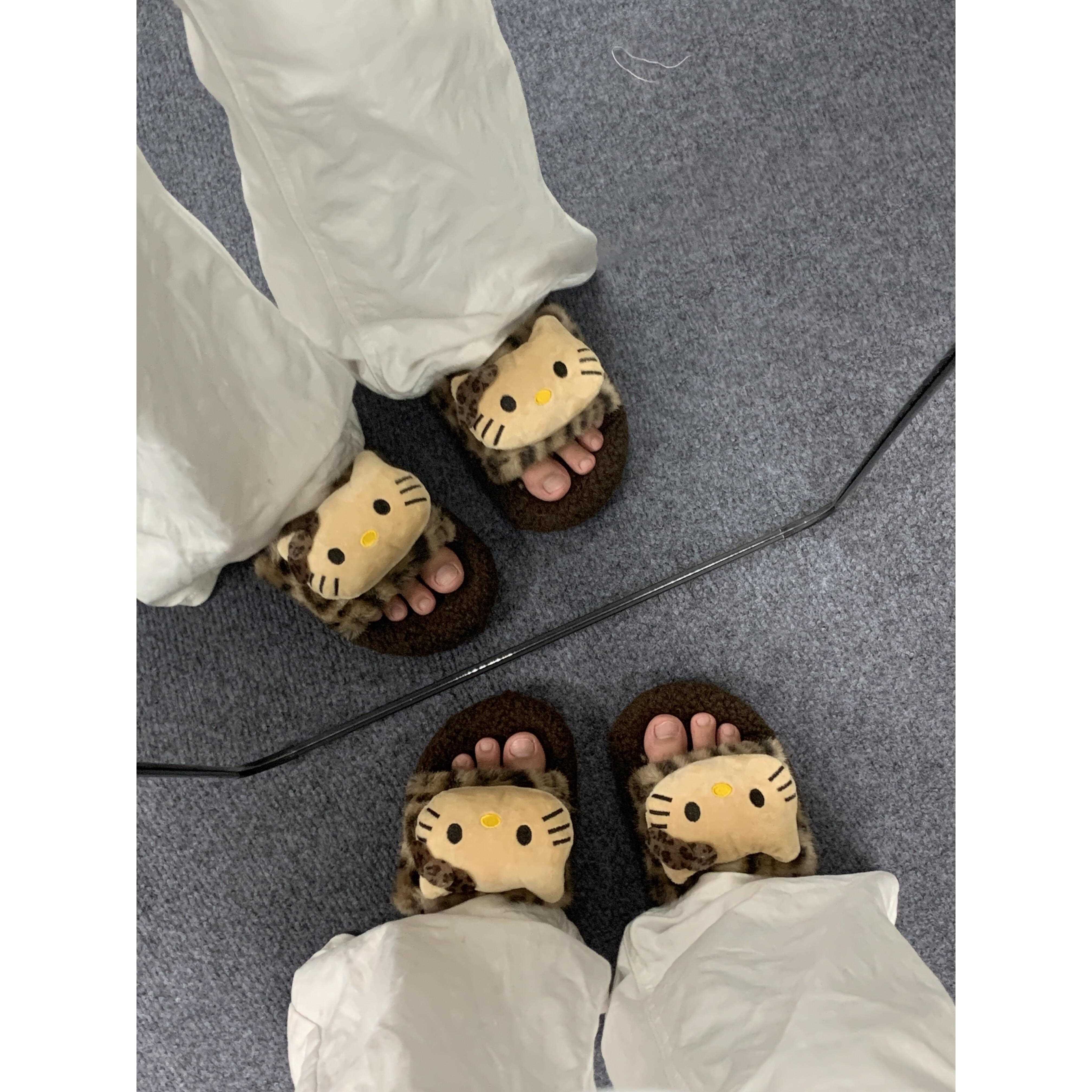 2025新款毛拖鞋豹纹哈喽毛Kitty棉拖鞋女冬季厚底时尚可爱鞋子居