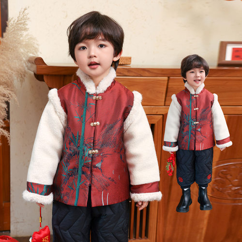 男童拜年服加厚外套新中式唐装2025新款冬季宝宝开衫过年喜气衣服