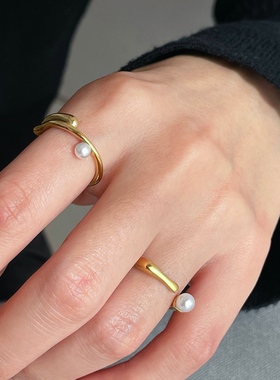 MAGICBOXACC气质时尚设计感ins风几何线条珍珠钛钢戒指食指戒女
