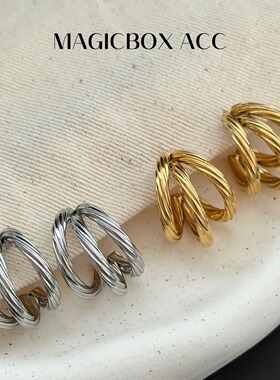 MAGICBOXACC冷淡风几何三圈线条刻花圆圈耳环女钛钢耳钉气质个性