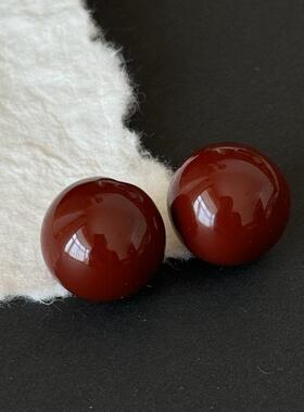 MAGICBOXACC秋冬复古安可拉红滴釉立体球形925银针耳钉耳环耳饰女