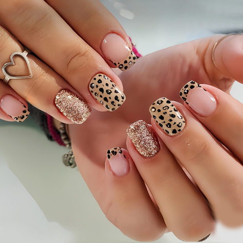 跨境热销短方美甲爆闪闪粉豹纹辣妹秋冬美甲贴假指甲nails