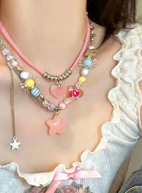 新款彩色糖果串珠项链女甜美少女粉色星星爱心吊坠锁骨链