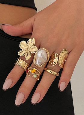 欧美法式巴洛克仿珍珠戒指女夸张开口指环复古花朵金属Rings