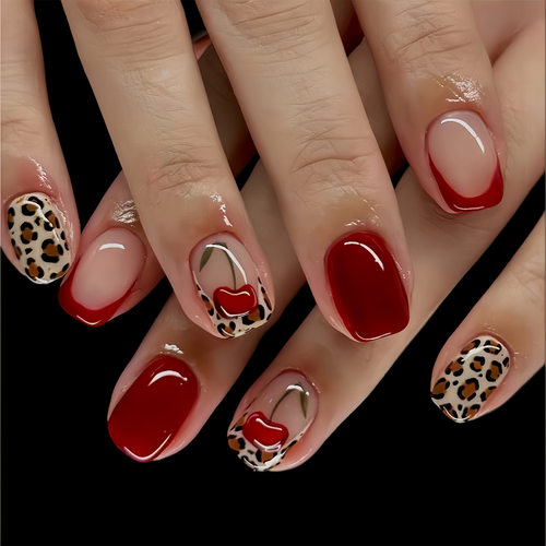 24片欧美法式热销短方樱桃豹纹甜辣pressonnails美甲甲片