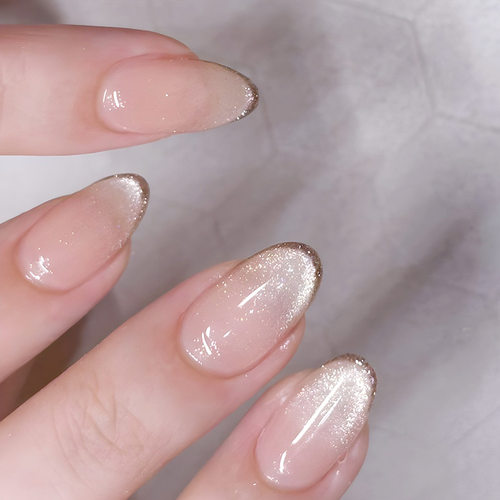 简约棕色冷茶显白猫眼 裸色闪粉跨境美甲nails 杏仁甲24片