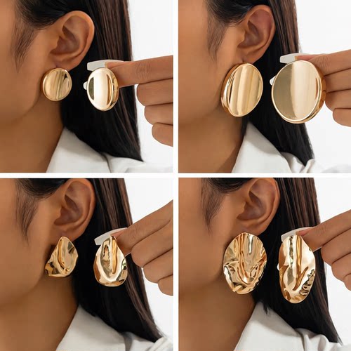 欧美饰品 夸张感不规则椭圆耳钉 ins风金属感褶皱earring光面