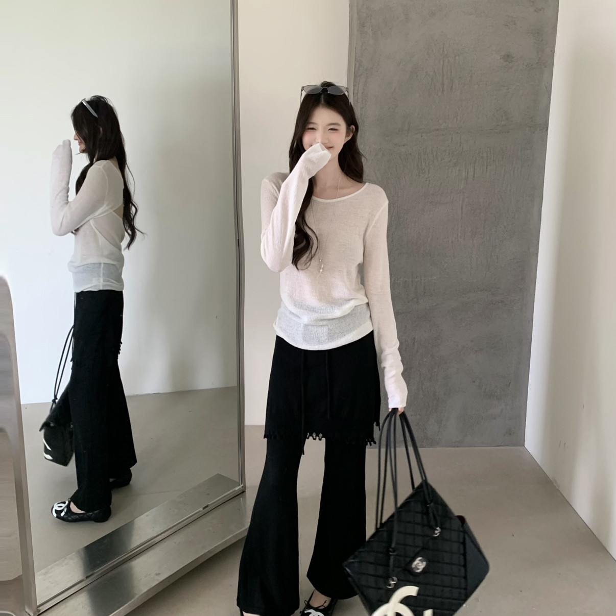 【YUXI严选】秋上新韩系高腰流苏微喇裤显瘦垂感拼接花边屁帘裤