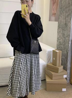【YUXI严选】韩系文艺复古松紧腰打揽格子半身裙休闲百搭