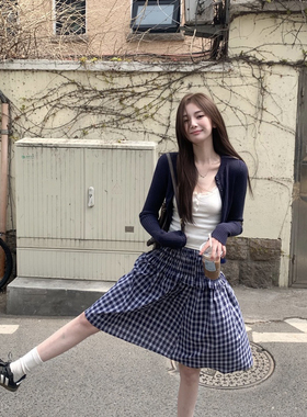 【YUXI严选】春款学院风蕾丝吊带+针织开衫+休闲两穿抹胸半身裙