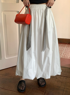 【YUXI严选】春款复古撞色格子腰带百搭花苞半身裙(配格子腰带)