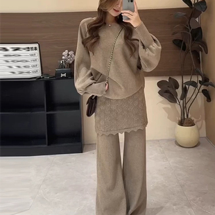 南油【YUXI严选】高端慵懒风极简针织毛衣+重工花边屁帘拼接套装