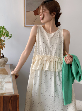 【YUXI严选】早春春日限定减龄波点木耳边松紧腰无袖连衣裙叠穿