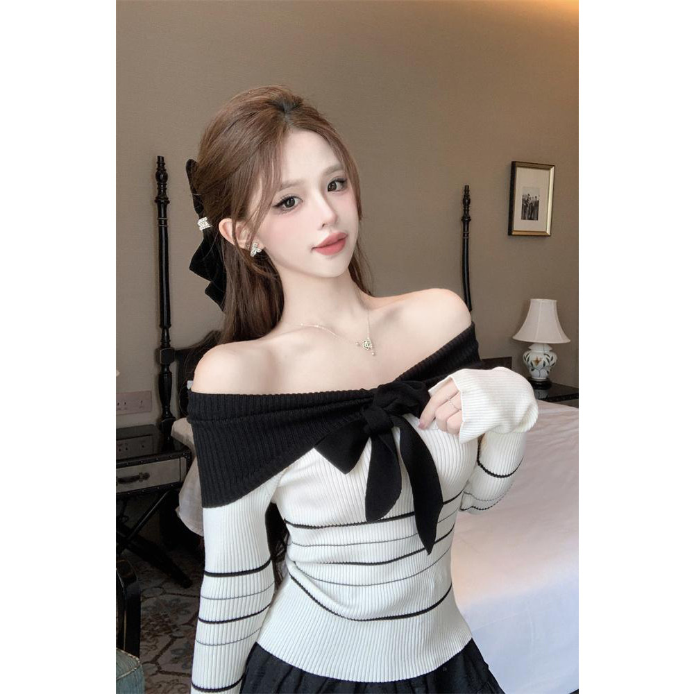 学院小香风条纹针织打底衫女内搭秋冬纯欲辣妹一字肩上衣露肩毛衣,女装/女士精品,毛针织衫,淘宝优惠券,粉丝福利购,淘宝优惠卷