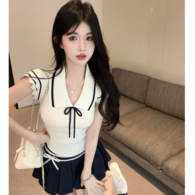 韩系撞色翻领短袖针织衫女装夏季