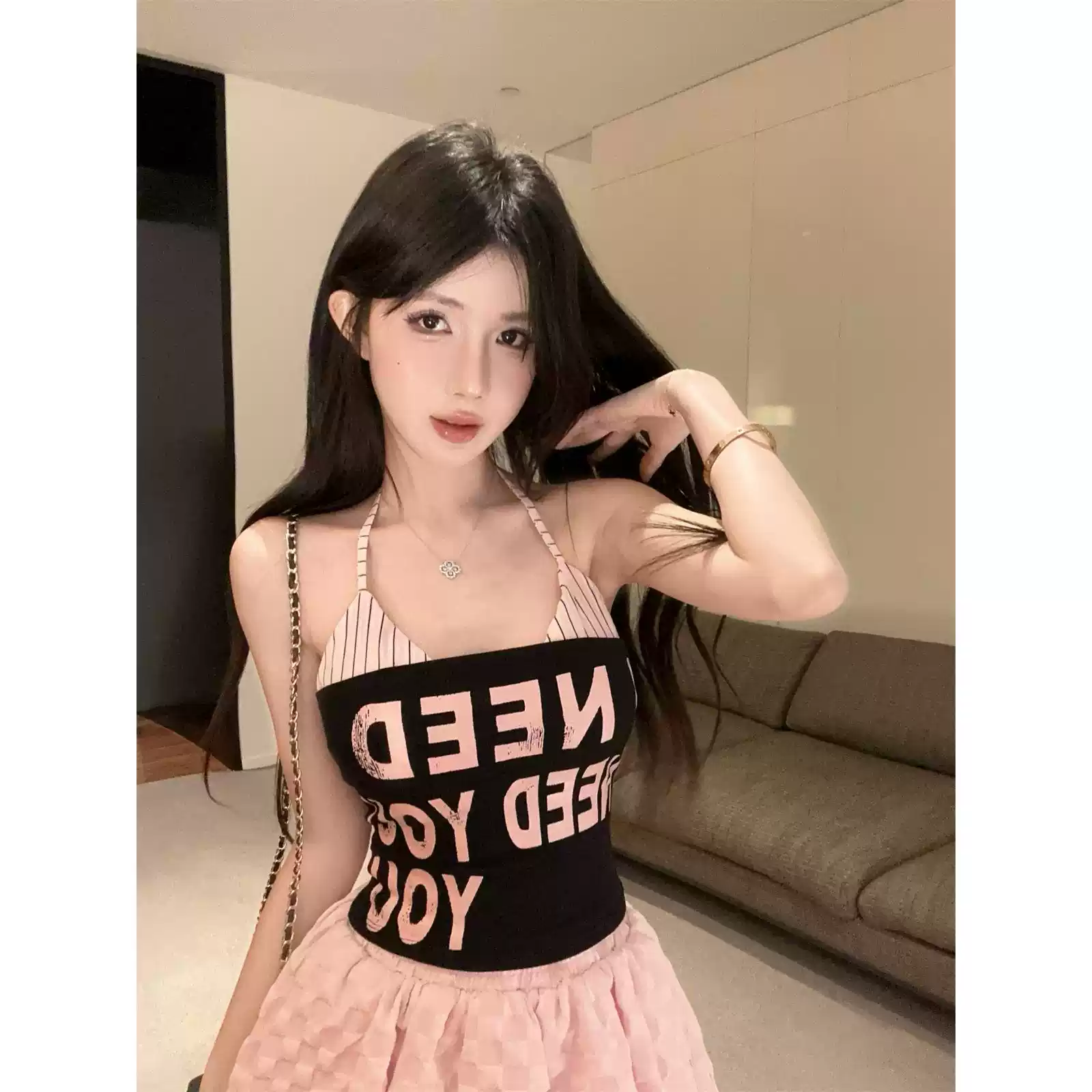 可拆两件套装 美式辣妹条纹挂脖吊带背心女夏季一字肩抹胸小上衣