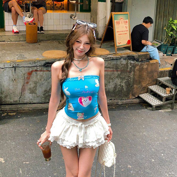 蕾丝猫猫印花抹胸背心女夏