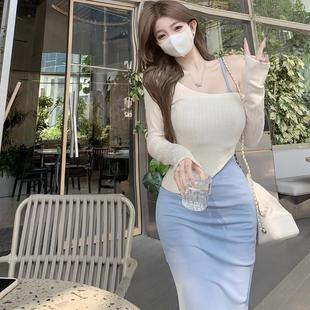 风情万种纯欲性感吊带连衣裙套装裙女秋季辣妹修身包臀鱼尾长裙子