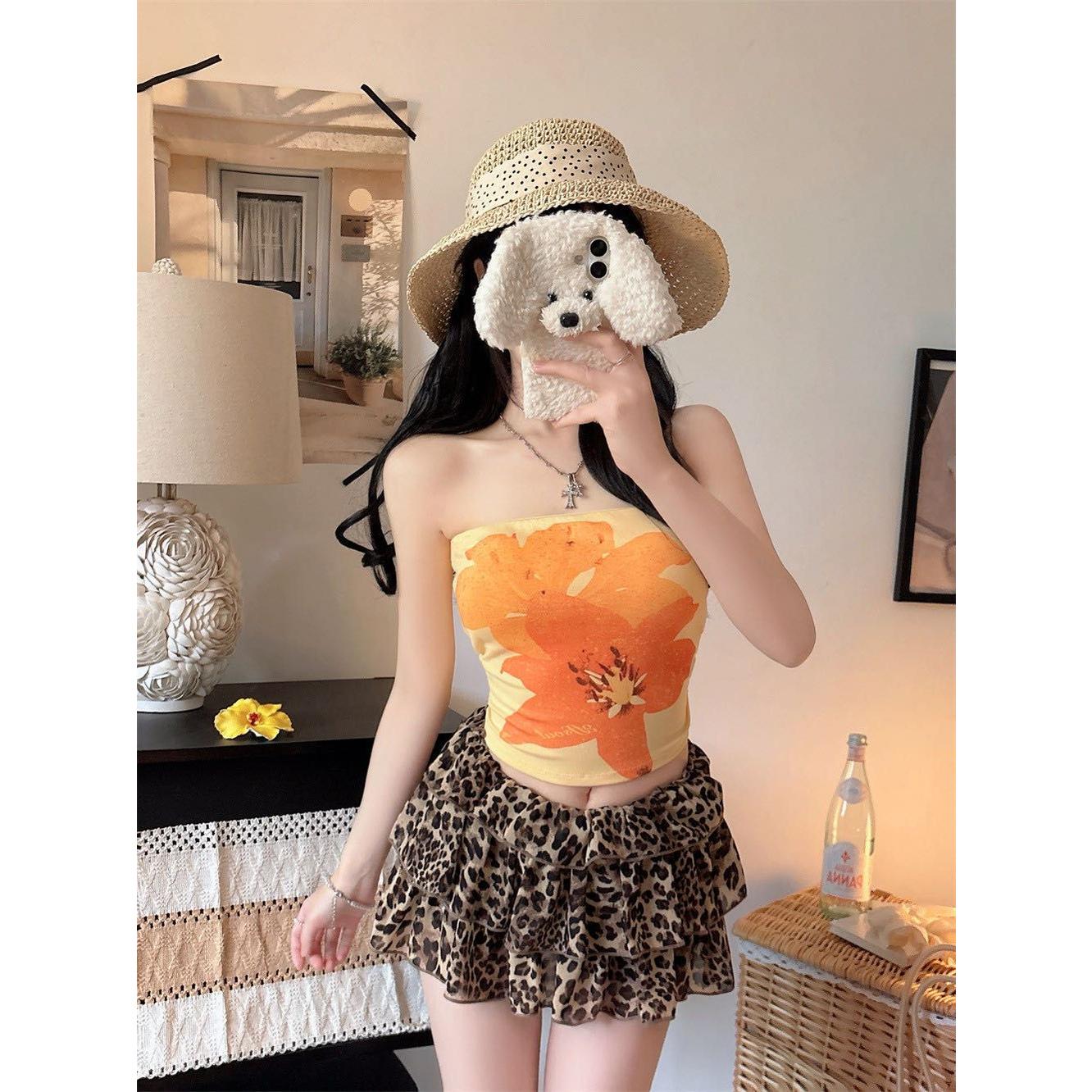 带胸垫 带防滑条 美式复古纯欲辣妹热带海岛风花朵印花抹胸背心