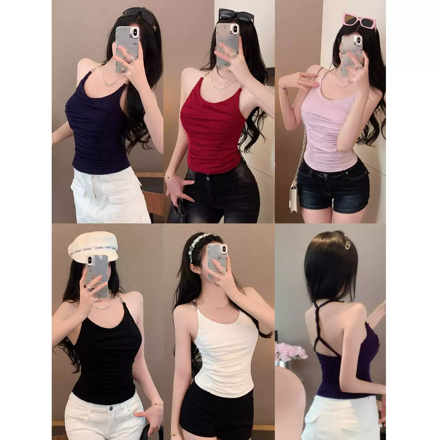 带胸垫纯欲辣妹链条挂脖吊带背心女美背褶皱收腰设计感抹胸上衣