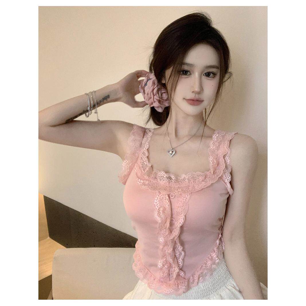 带胸垫甜辣蕾丝花边吊带背心女夏季内搭纯欲美背打底无袖上衣外穿