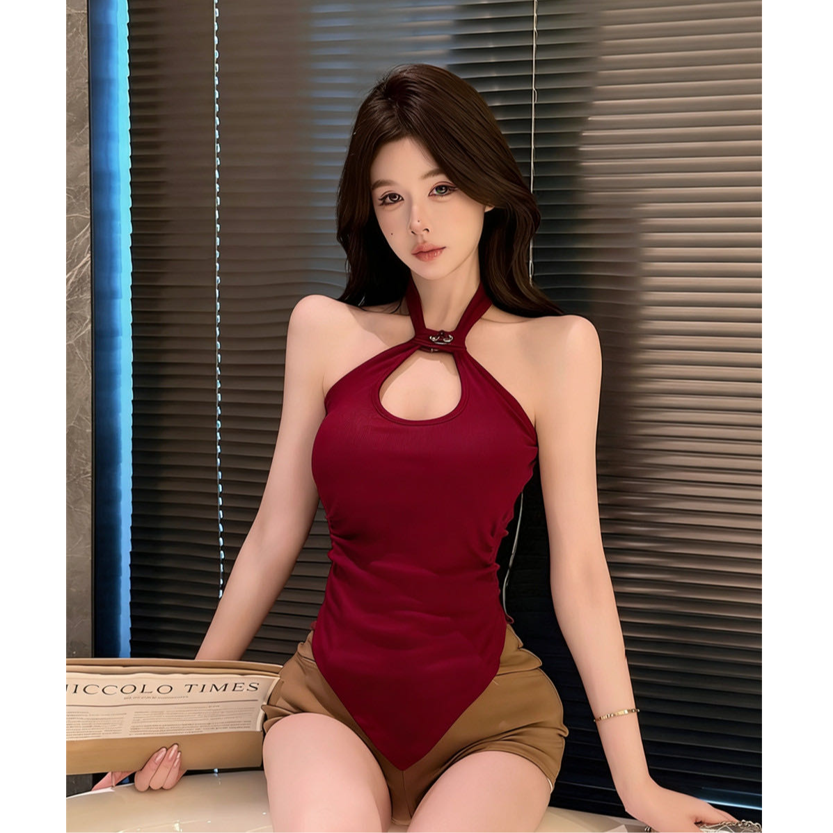 带胸垫纯欲镂空挂脖吊带背心女夏季不规则露肩无袖上衣内搭可外穿