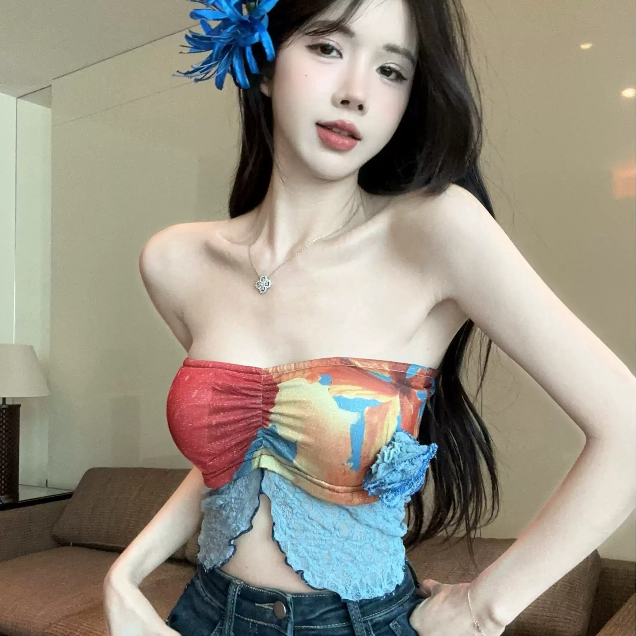 辣妹纯欲风旅游度假外穿性感时尚蕾丝拼接印花抹胸女夏辣妹短上衣