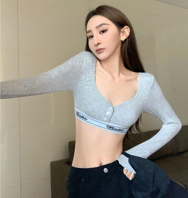 辣妹短款锁骨高腰露脐修身上衣